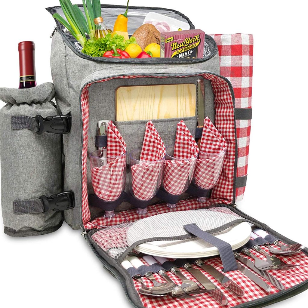 Detachable Bottle//Wine Holder Fleece Blanket Ferlin Picnic Backpack for 4 With Cooler Compartment Plates and Cutlery Set Blue
